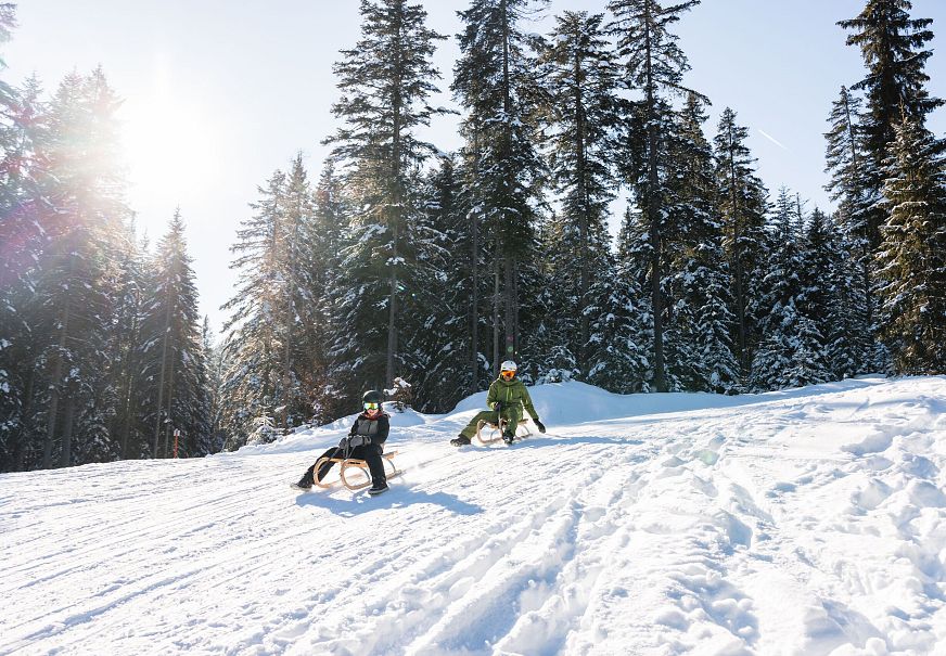 Rodeln in der Region Seefeld - Vater mit Sohn - Abfahrt (1)